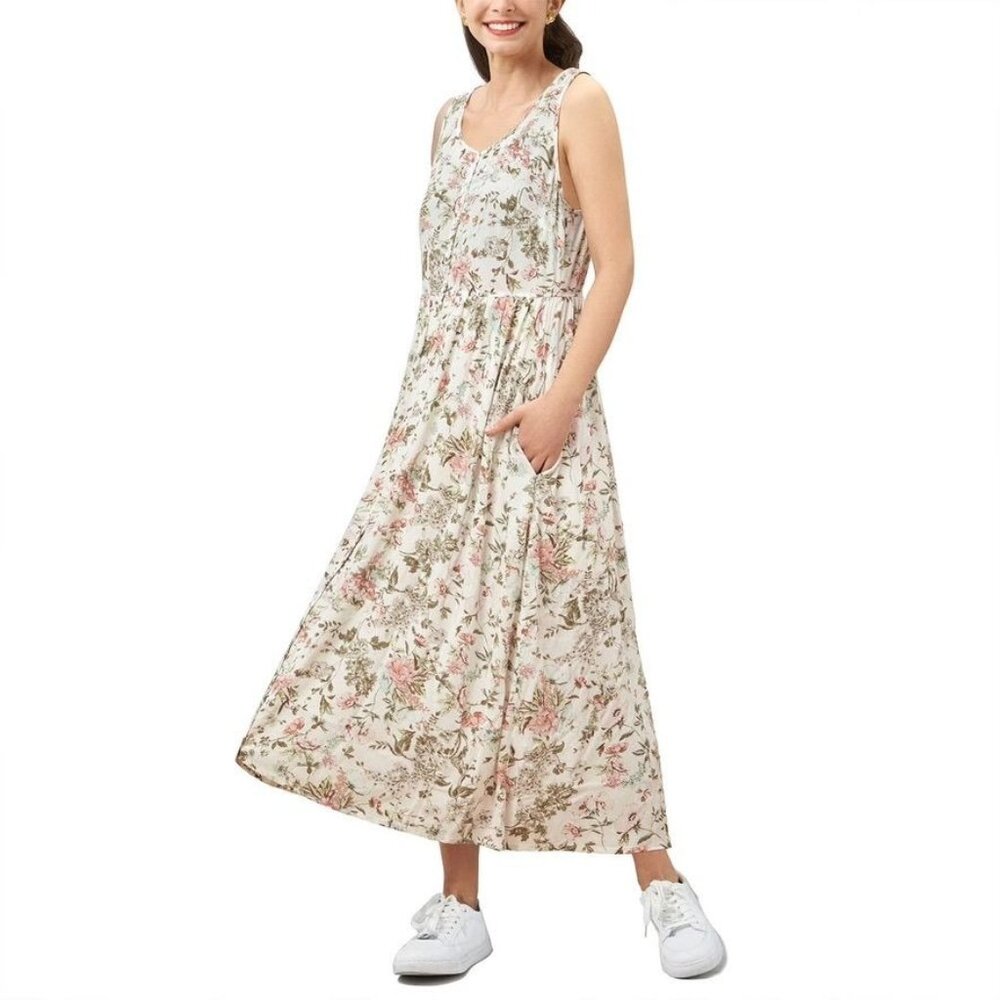 Frye women's large white floral sleeveless button‎ down midi dress casual